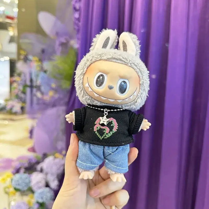 black and off white 17cm Labubu plush doll hoodie suit outfit