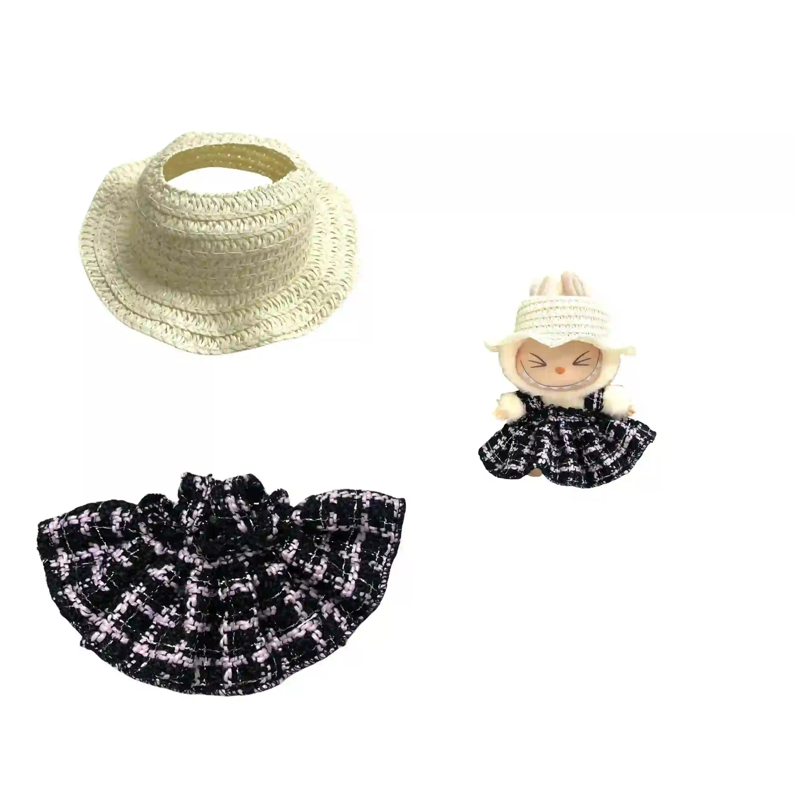 black and pale pink labubu doll outfit set with camera bag
