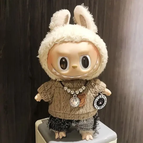 black and white 17cm Labubu doll hoodie outfit kpop idol style