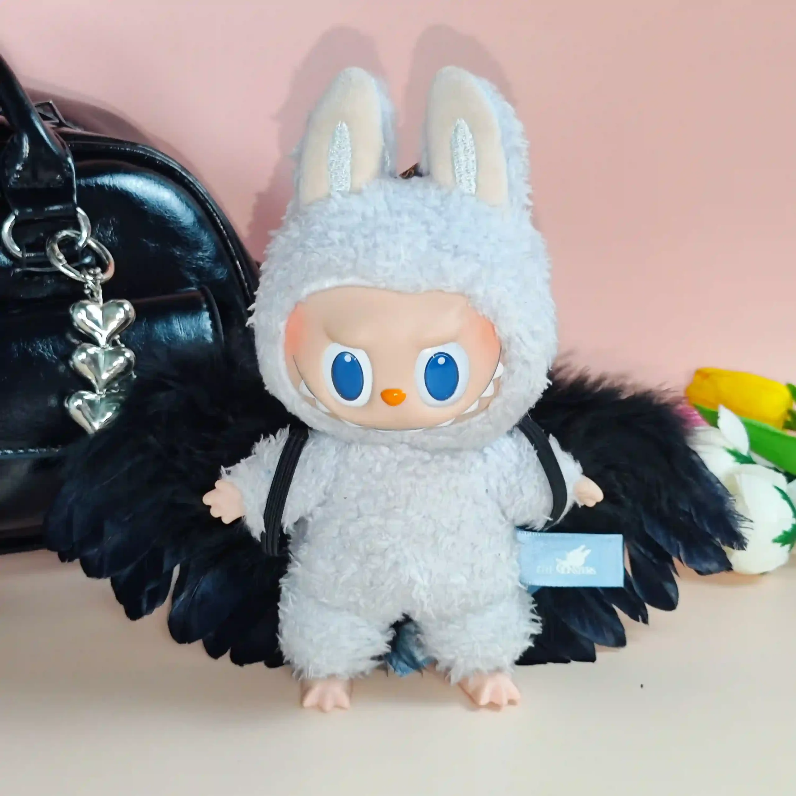black and white angel feather wings for labubu doll scaled