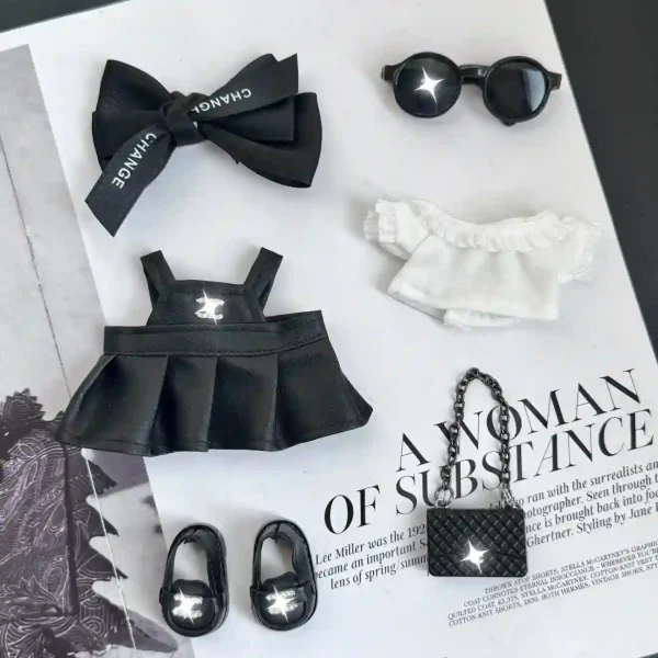 black mini dress outfit set for 17cm Labubu doll faux leather texture