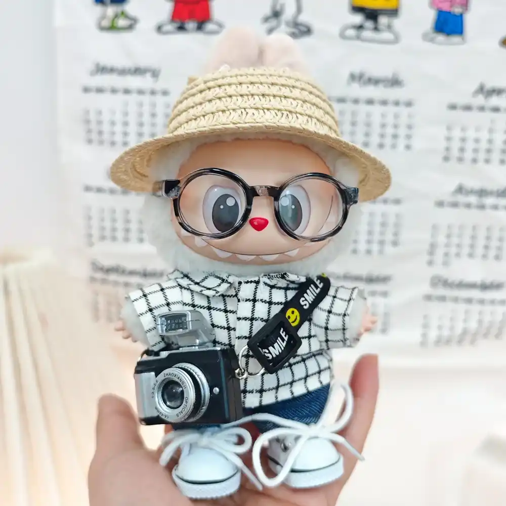 black white checkered shirt denim shorts labubu doll clothing