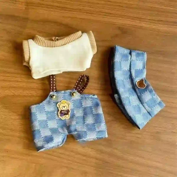 blue gingham and beige knit Labubu doll outfit set