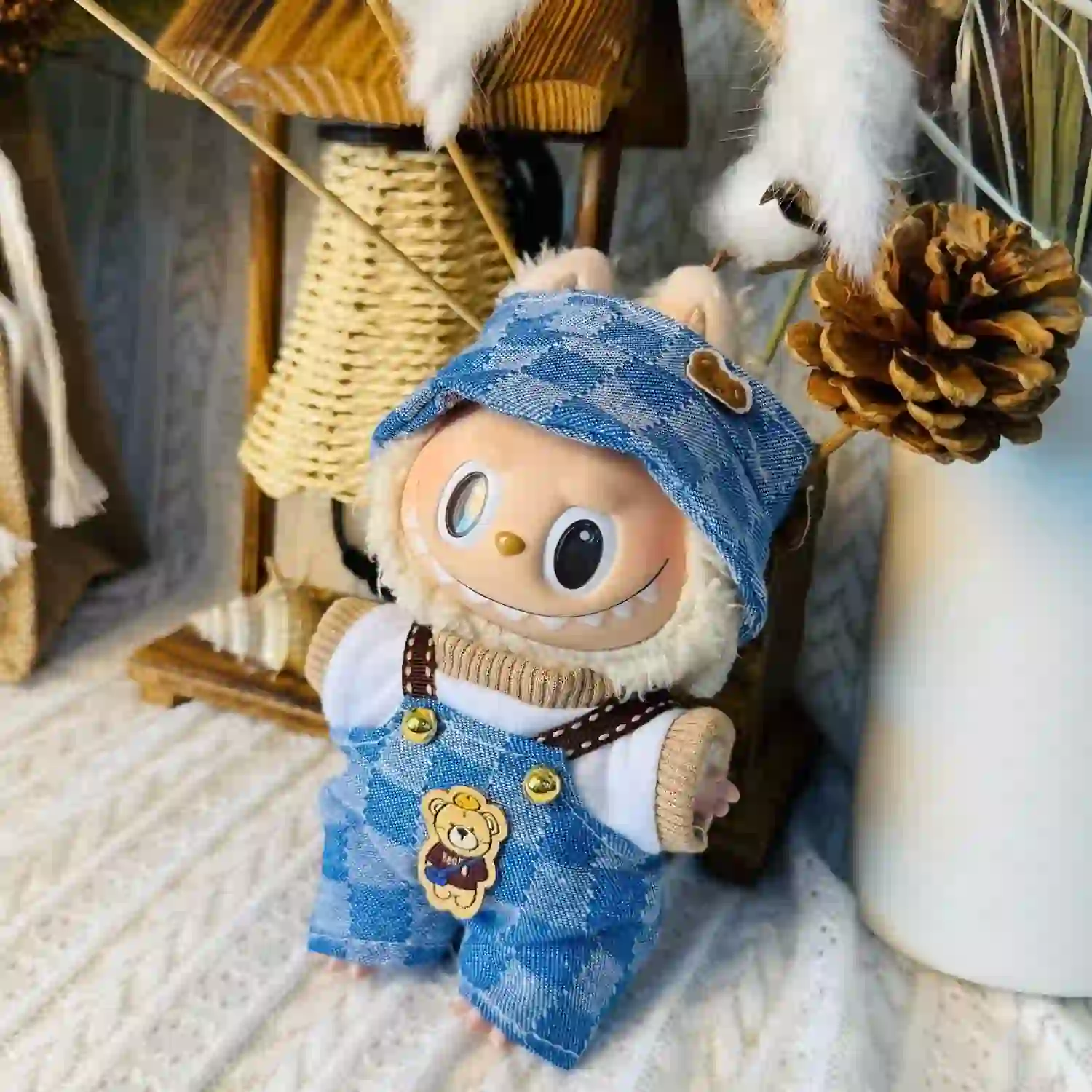 blue gingham bucket hat for 15 17cm Labubu doll