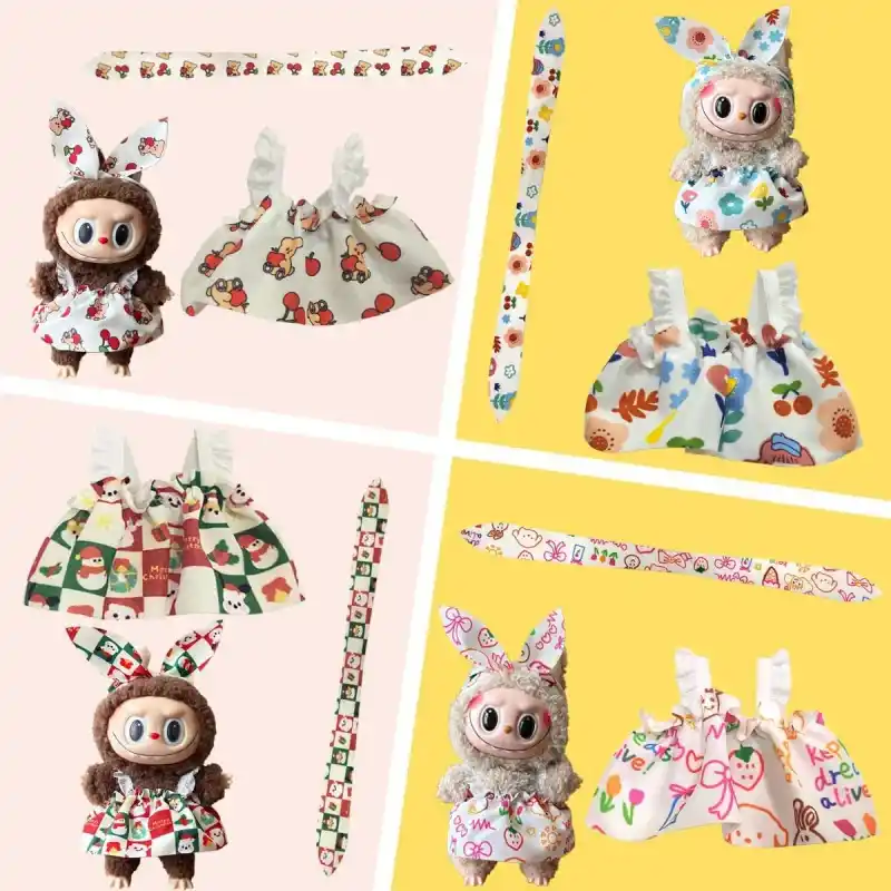 brown corduroy overalls and beige knit top for 17cm Labubu