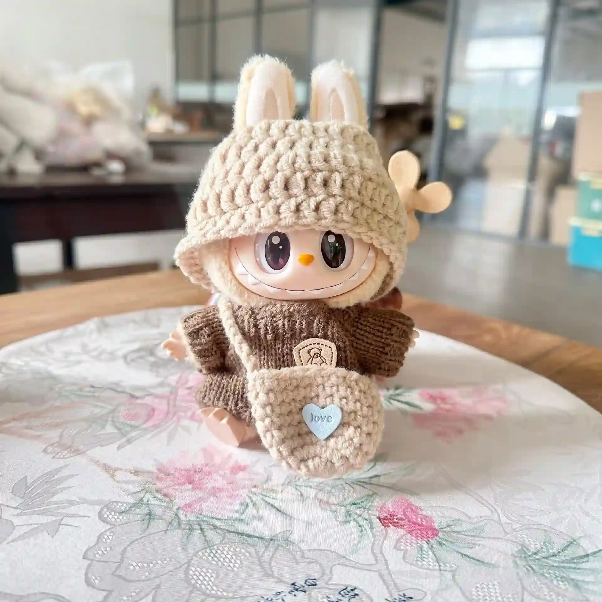 brown cream colored labubu doll outfit set with corduroy chair