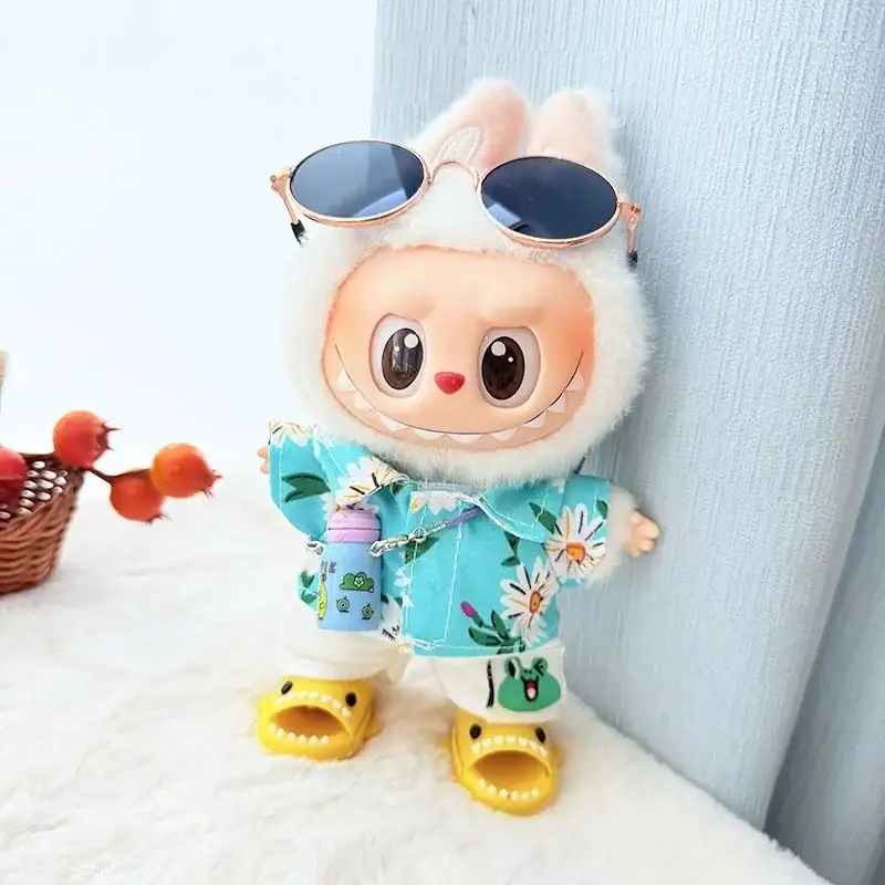 button down shirt and shorts summer outfit for 17cm Labubu doll