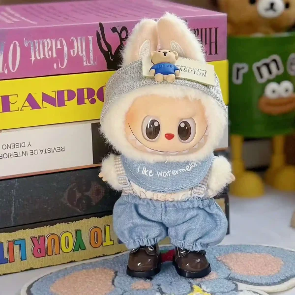 casual cute 17cm labubu doll denim outfit set with beanie