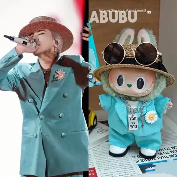 celebrity inspired labubu outfit teal suit and hat