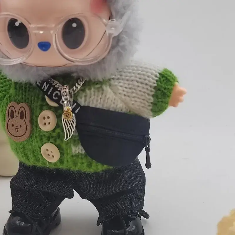 charming green sweater and denim pants for 17cm Labubu doll