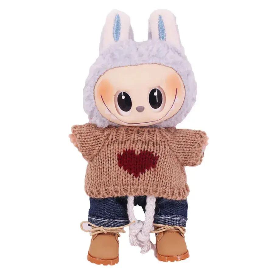 cream light blue black knit sweater denim shorts labubu doll