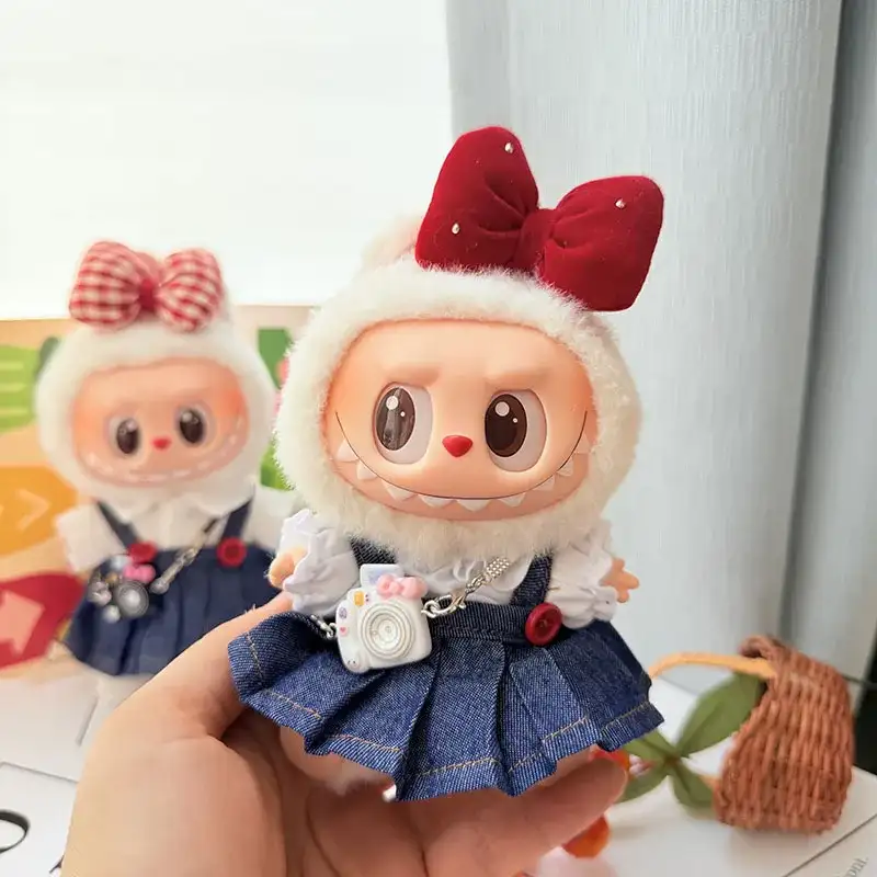 cute 17cm Labubu doll denim overall skirt and white shirt outfit