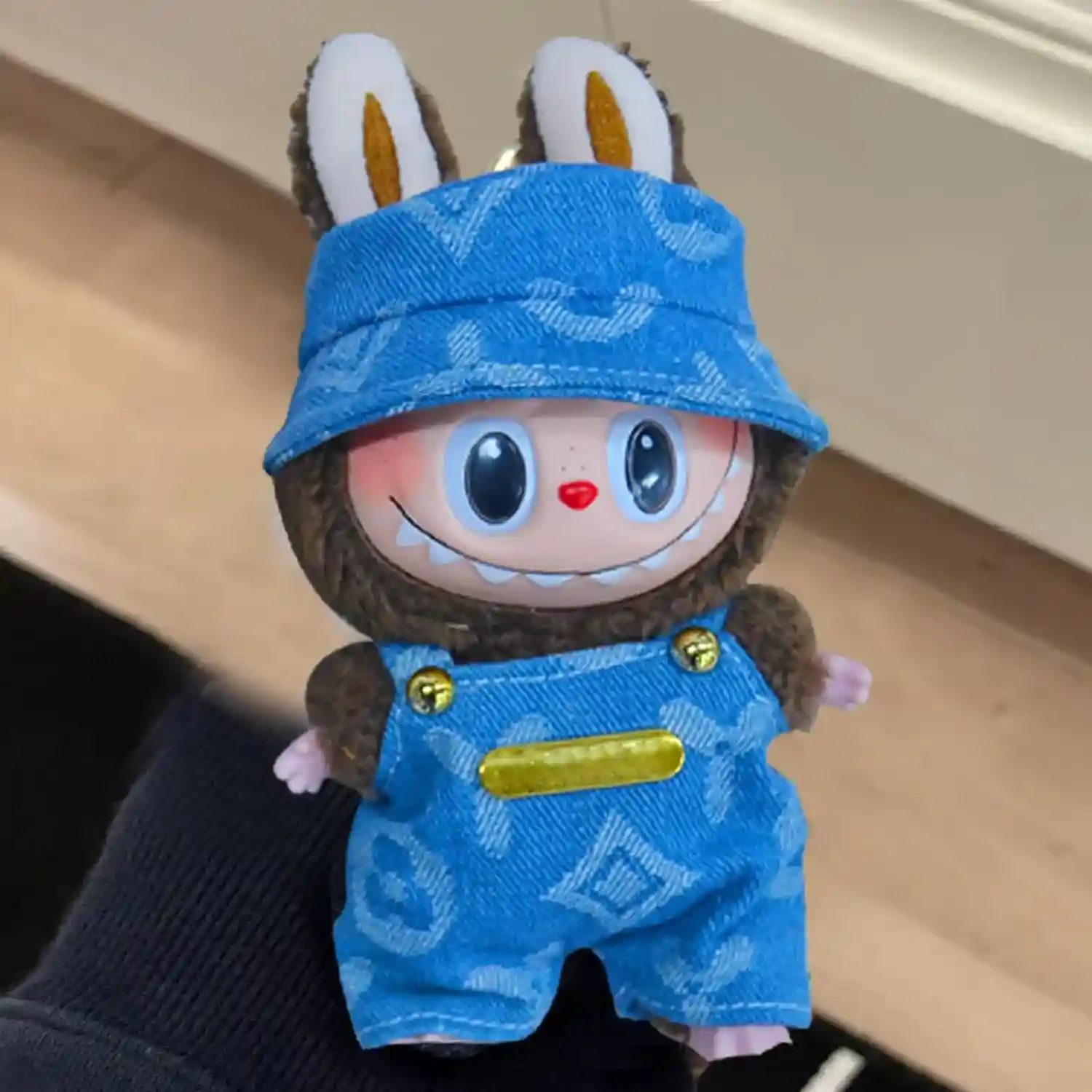 cute 17cm Labubu doll denim overalls and bucket hat outfit