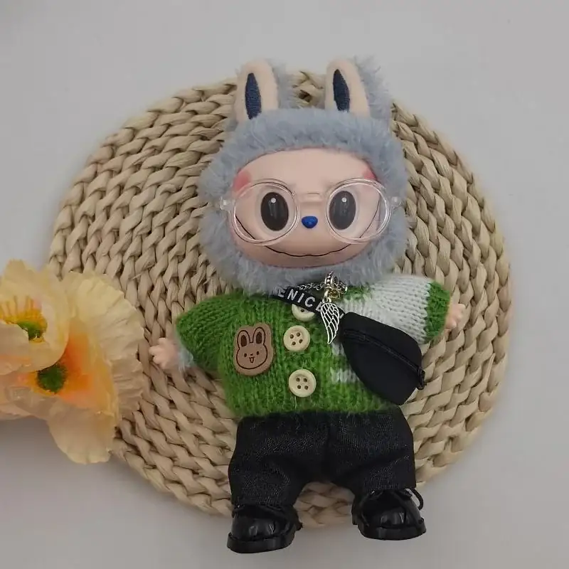 cute 17cm Labubu doll winter outfit with denim pants and glasses