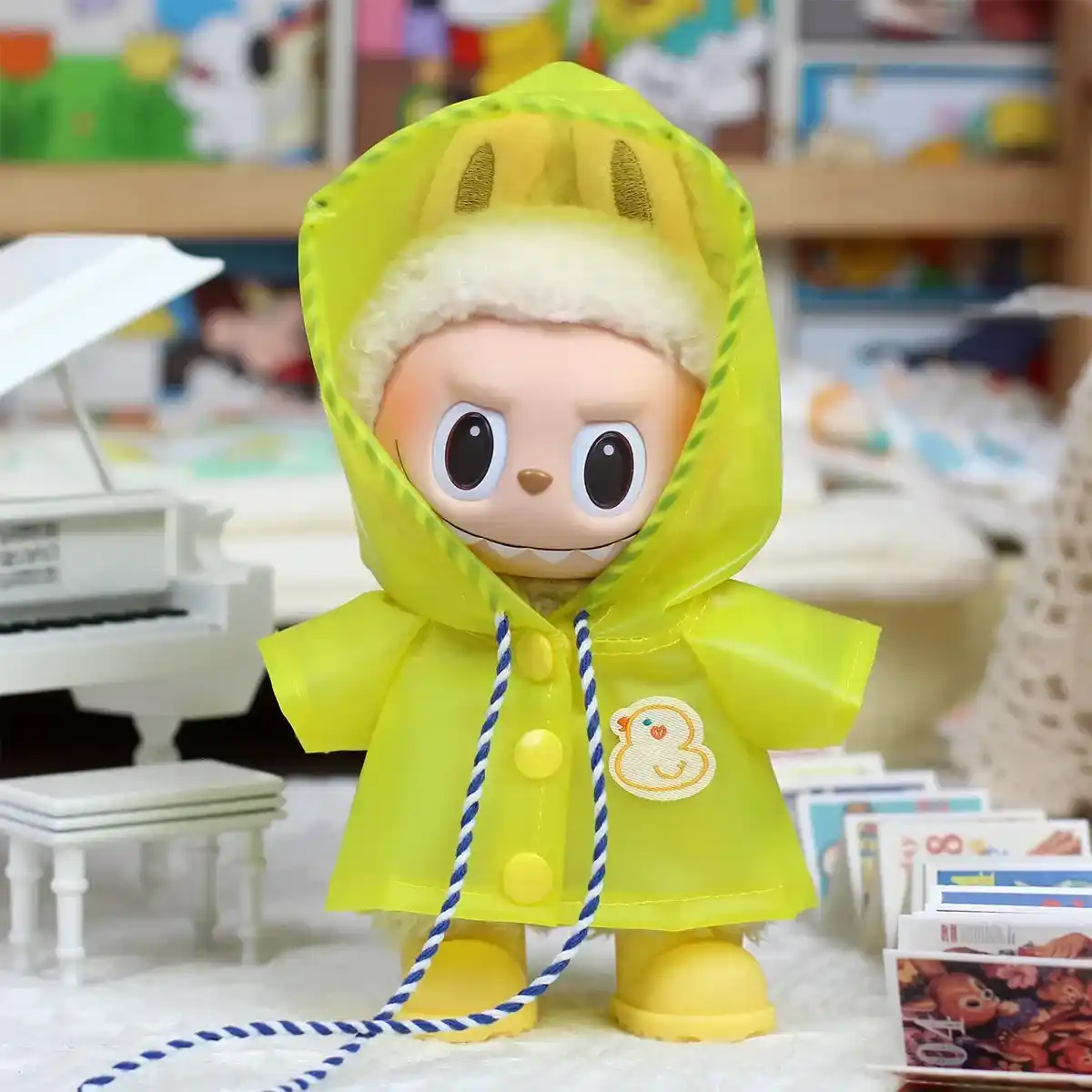 cute Labubu raincoat outfit with embroidered chick patch