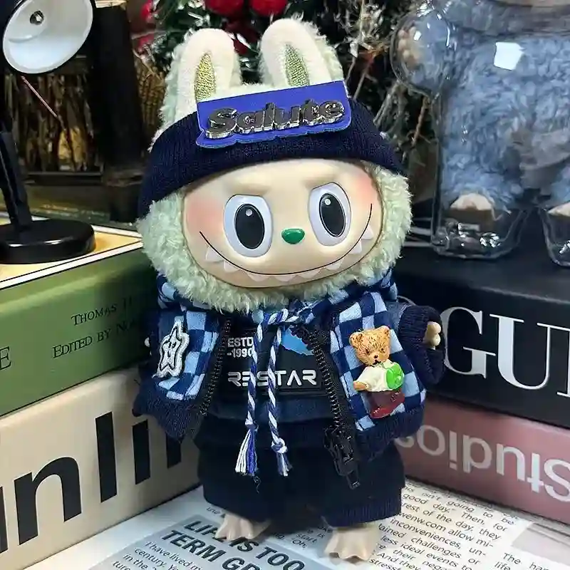 cute and cool plaid hoodie outfit for 17cm Labubu blind box figure