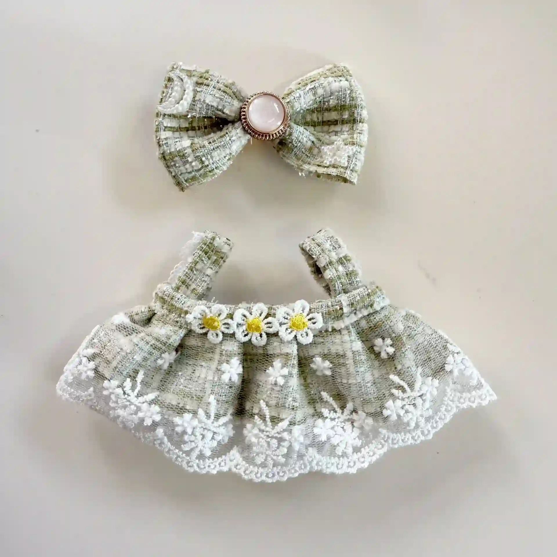 cute and elegant labubu outfit pastel green daisy design