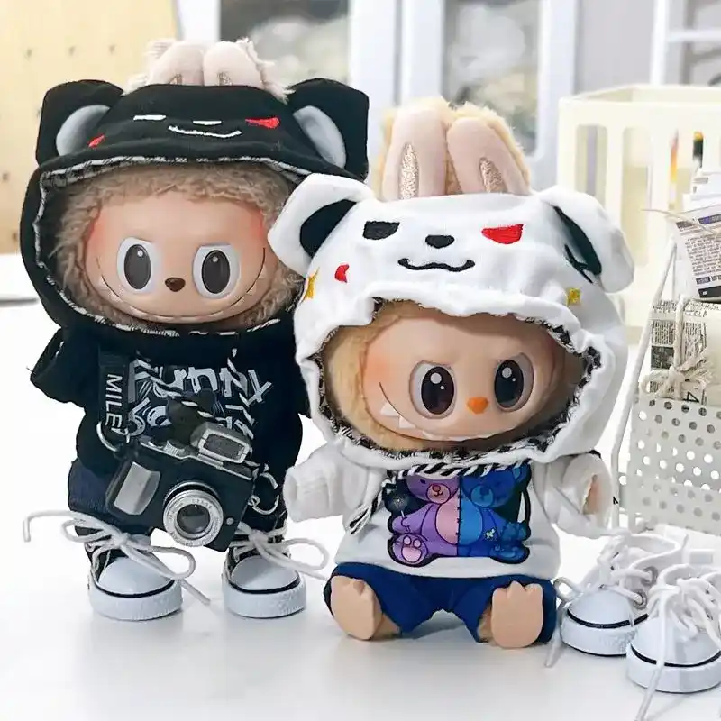 cute bear emblem tag 17cm labubu doll bear hoodie outfit