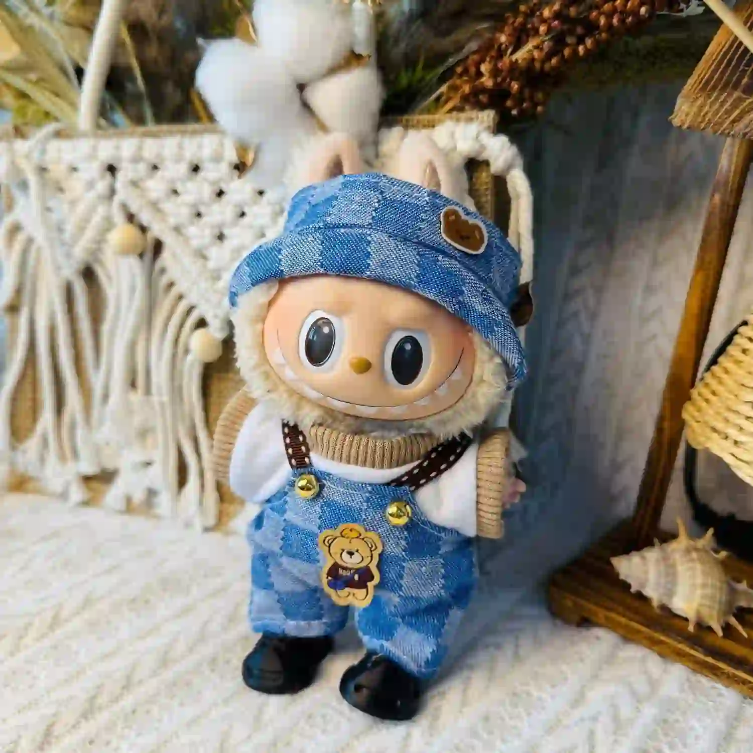 cute blue gingham overalls for 17cm Labubu doll