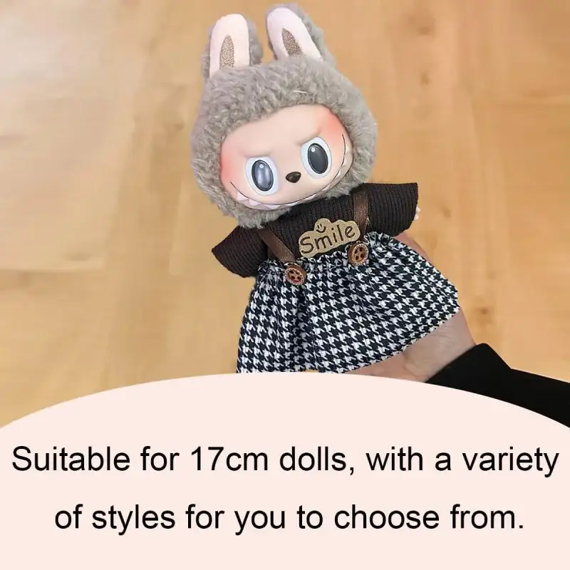 cute gingham overalls and hat outfit for 17cm Labubu doll