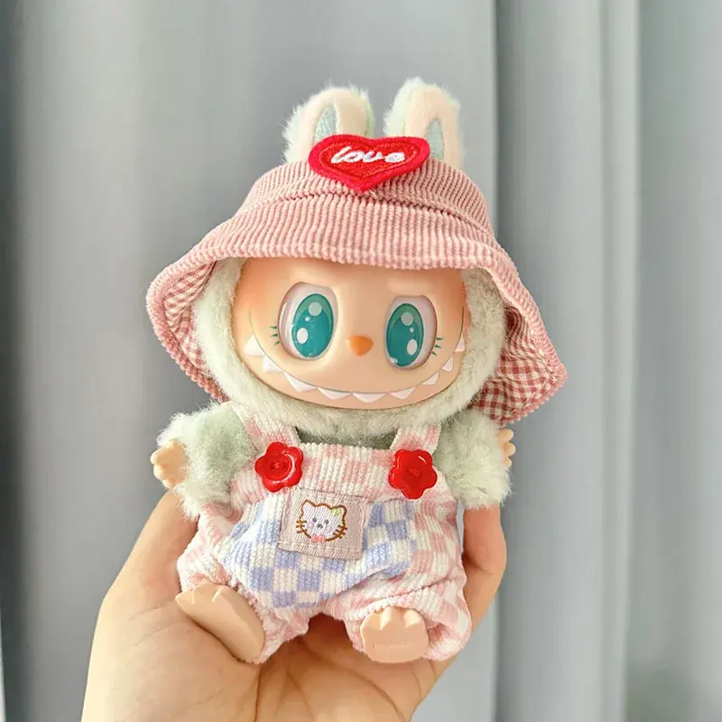cute gingham overalls and ribbed corduroy hat for labubu doll