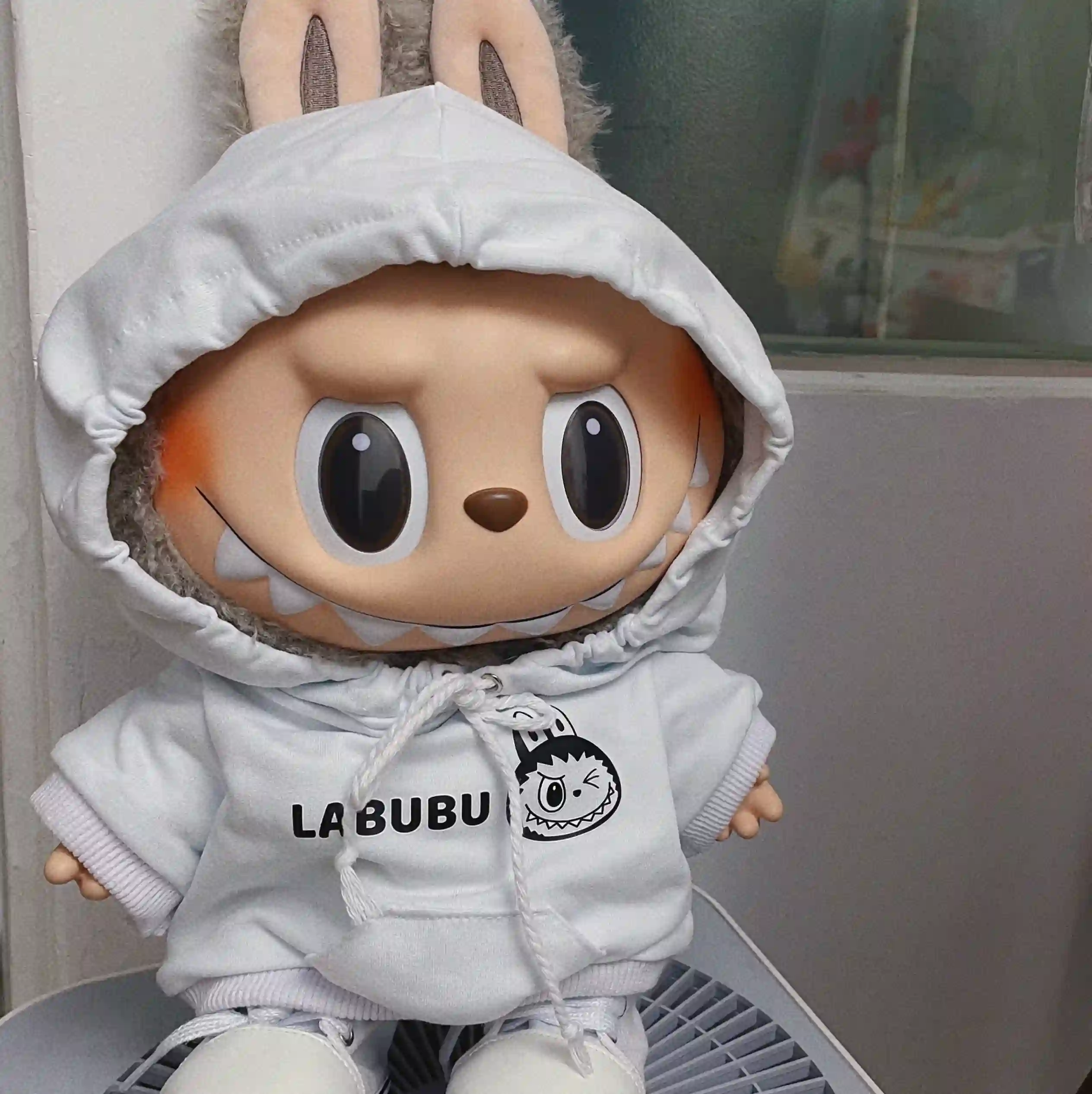 cute gray hoodie outfit for 38cm Labubu plush toy