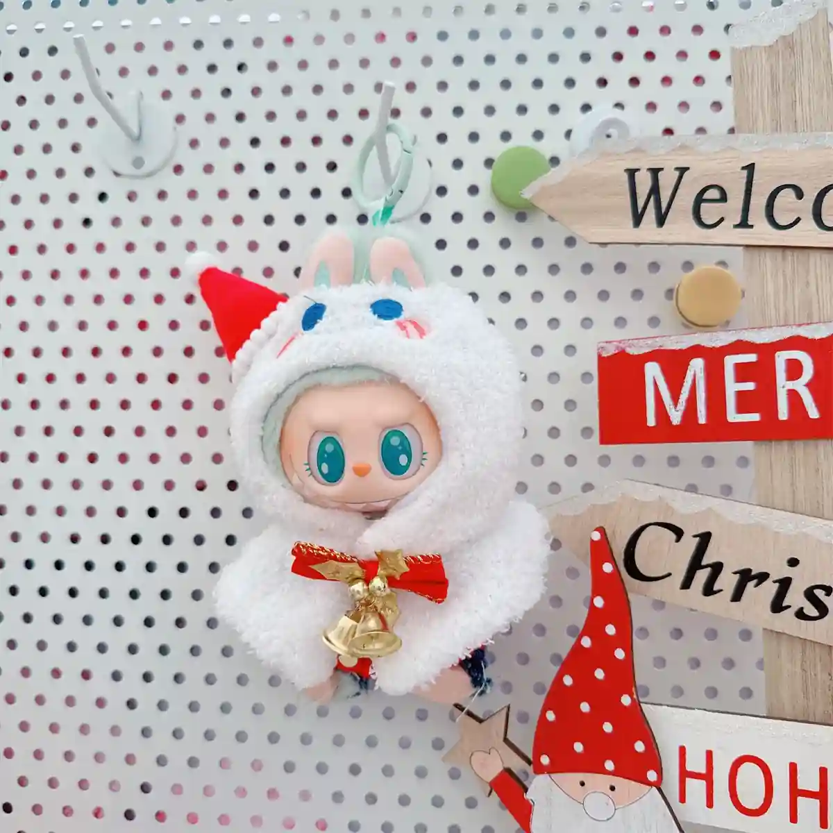 cute labubu christmas outfit with jingle bells accessory