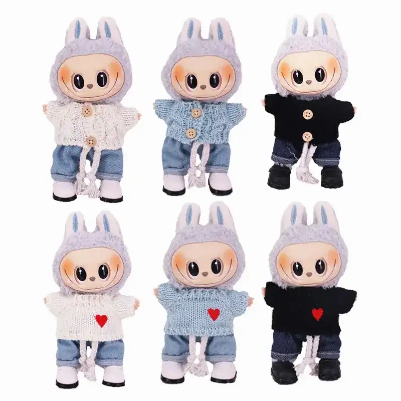 cute labubu doll summer outfit knit sweater denim shorts set