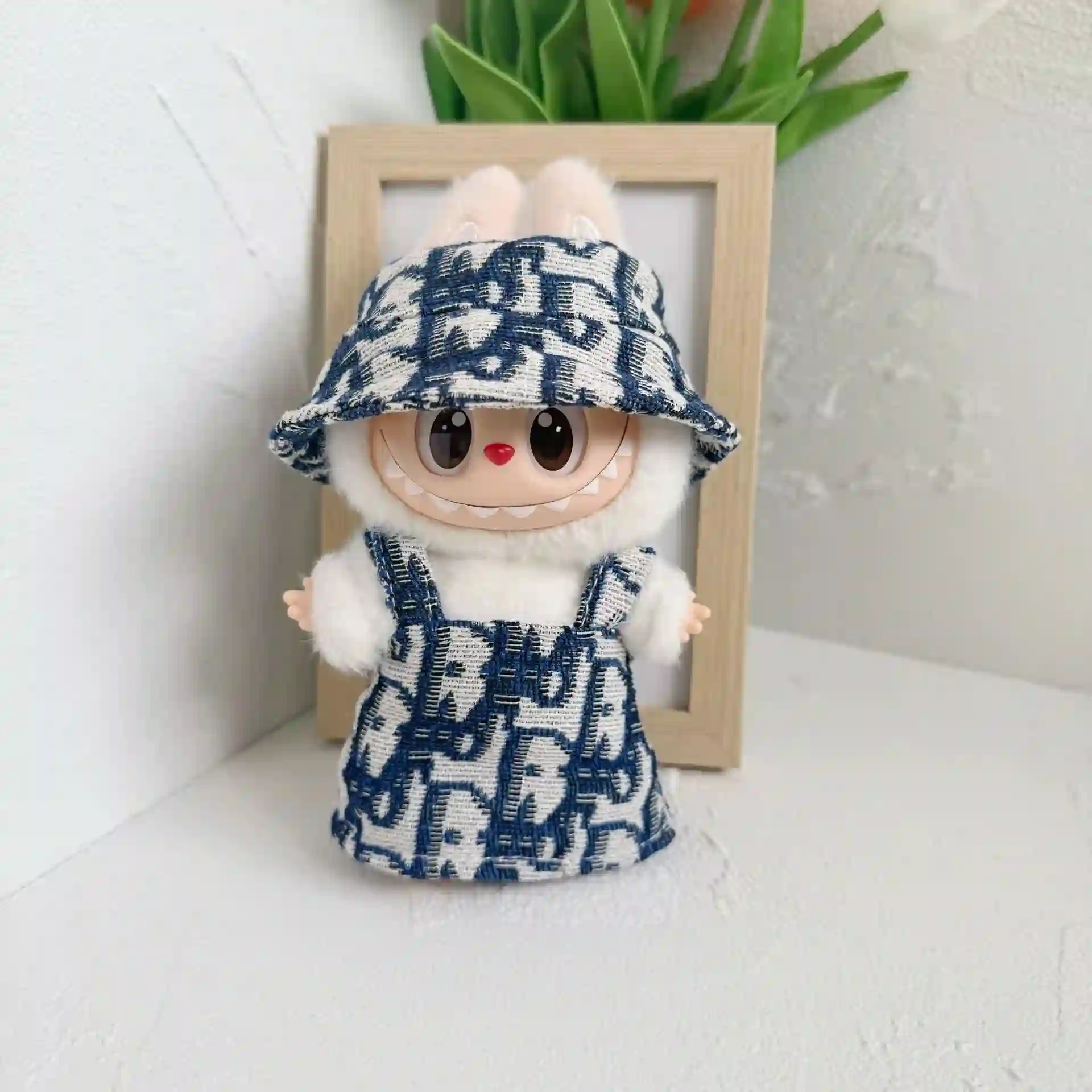 cute navy blue and white patterned Labubu clothes