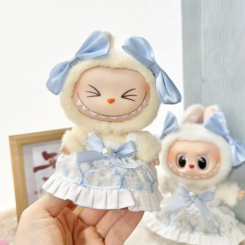 cute pastel blue floral dress for 17cm Labubu doll anime toy