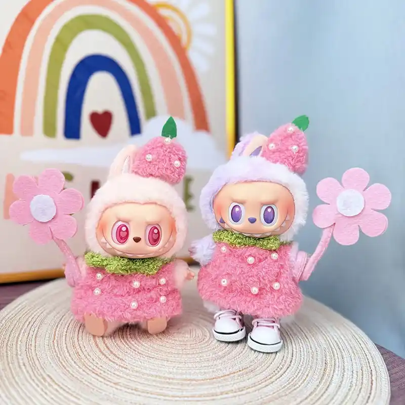 cute pink strawberry dress for 15 17cm labubu doll plush
