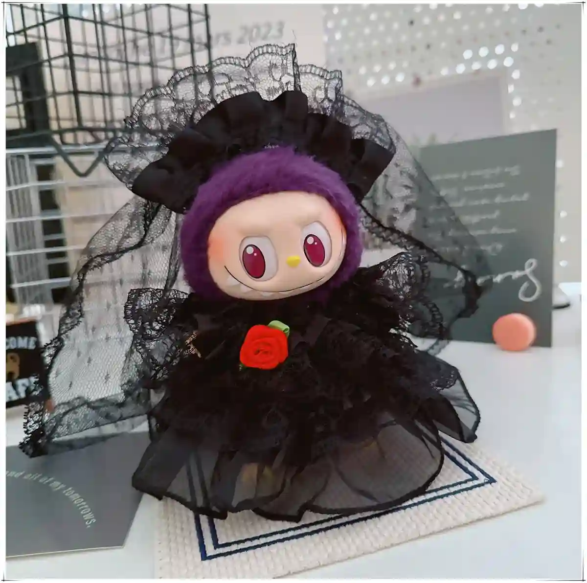 dark romantic black lace wedding dress for labubu fan