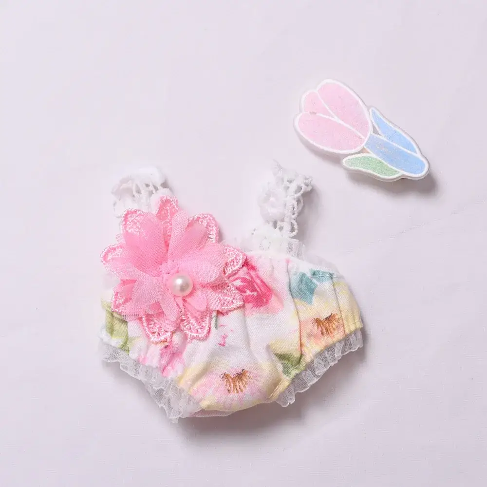 delicate floral print summer dress and hat for 17cm Labubu