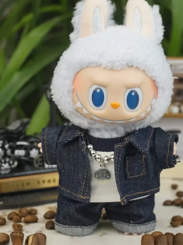 denim outfit with white boots for 17cm Labubu doll