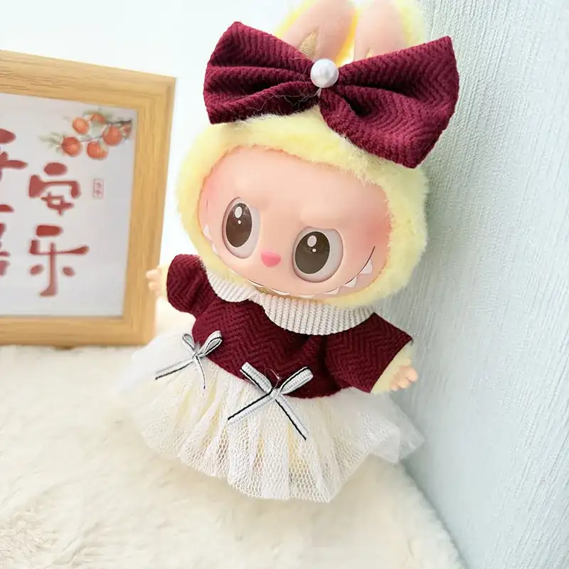 elegant burgundy labubu doll dress with peter pan collar and tulle