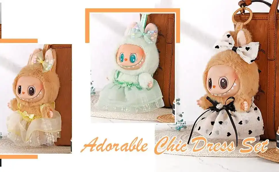 fluffy pink bunny dress and accessories for labubu