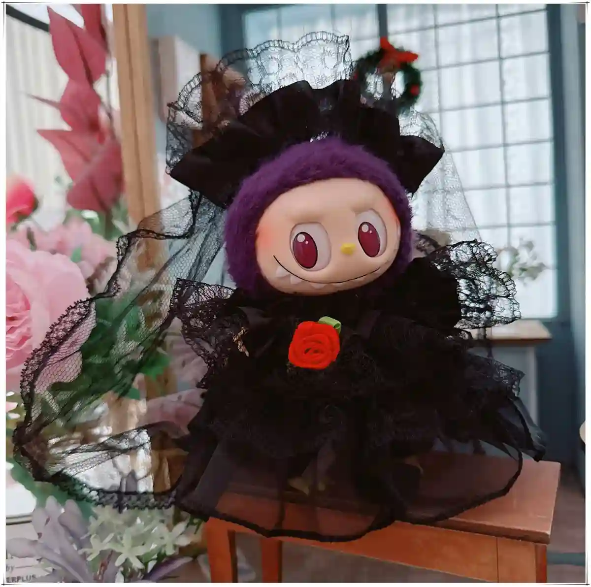 gothic elegant black lace wedding dress for labubu doll