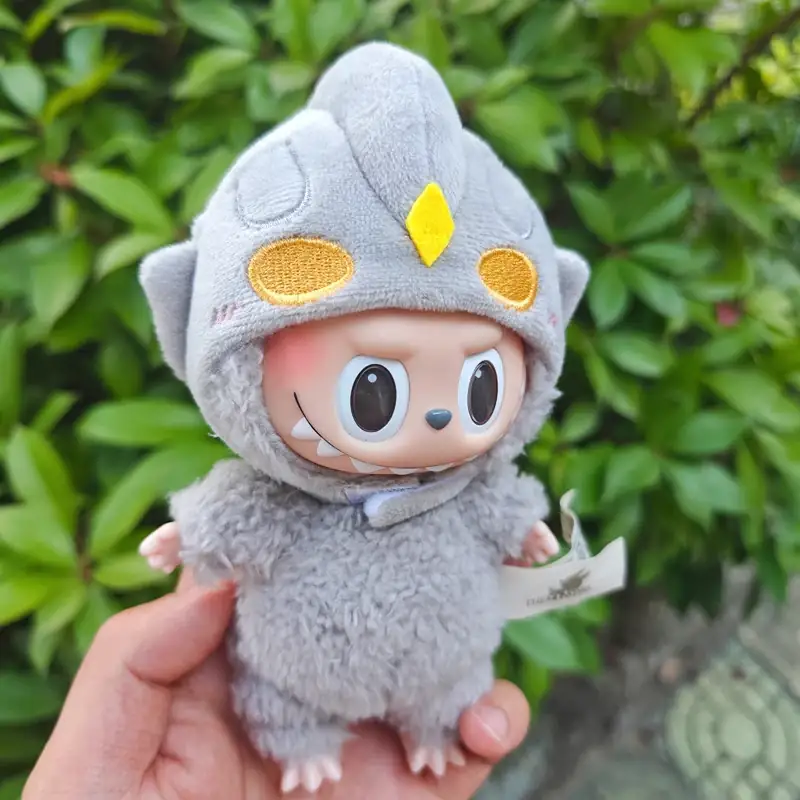 grey plush bodysuit and colorful hood labubu costume outfit