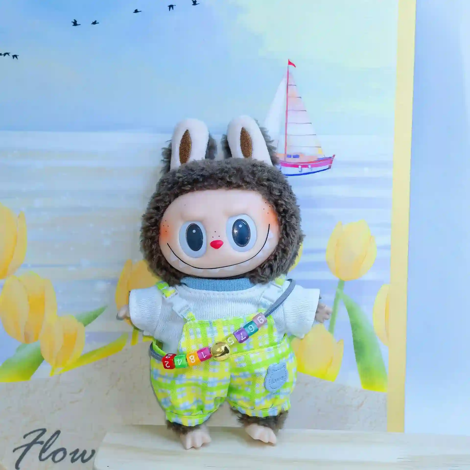 hand washable labubu doll clothes summer checkered overalls outfit