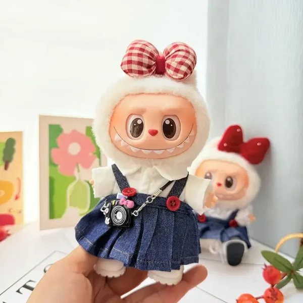 handmade 17cm Labubu doll denim clothes set with miniature camera