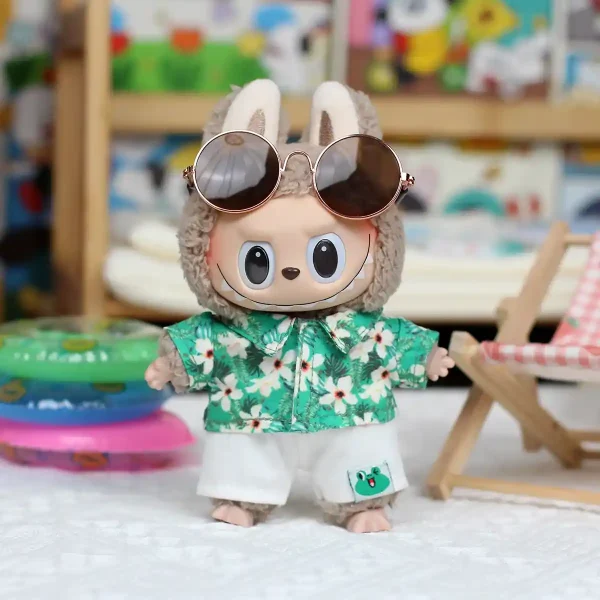 handmade 17cm Labubu doll summer clothes with frog slippers