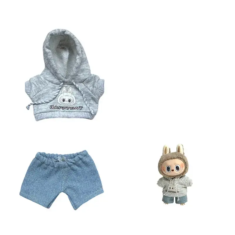 heather grey hoodie denim shorts labubu doll outfit set sneakers