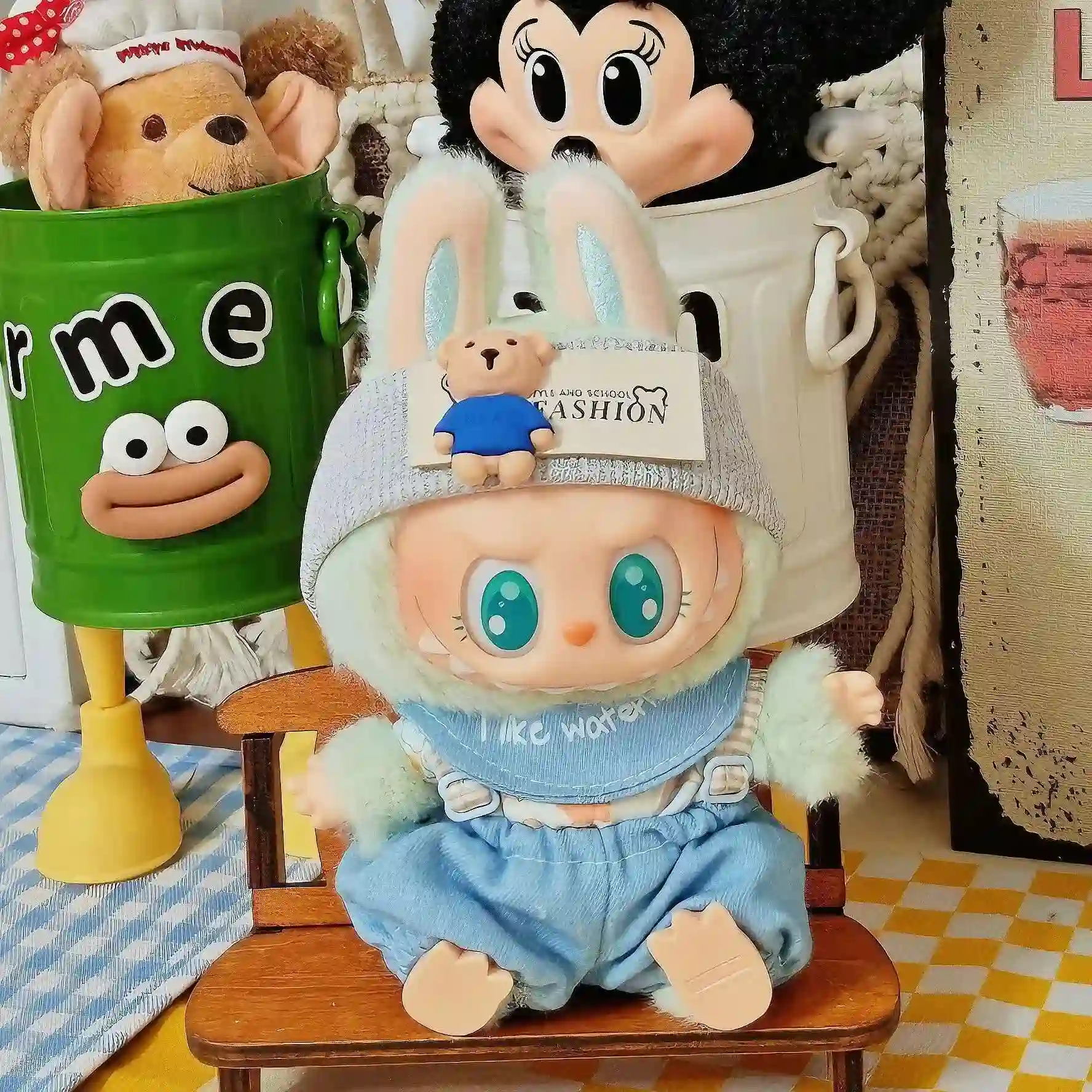 high quality 17cm labubu doll clothes denim overalls beanie shoes