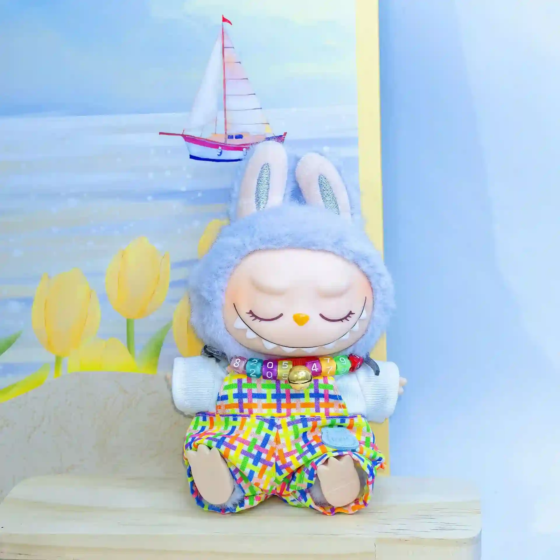 high quality cloth labubu doll clothes checkered overalls and shirt