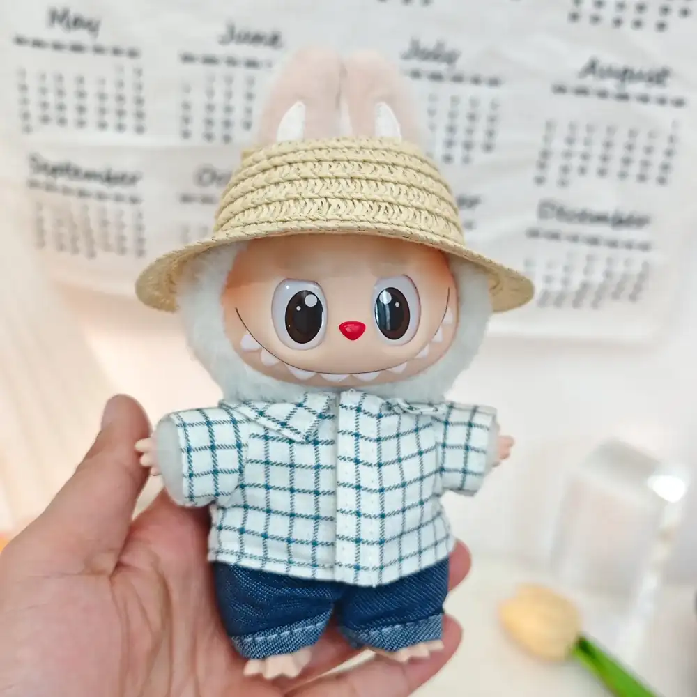 high quality cloth labubu doll outfit set denim shorts and hat