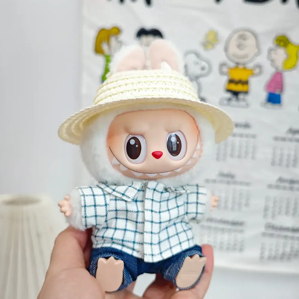 high quality labubu doll outfit plaid shirt denim shorts and hat