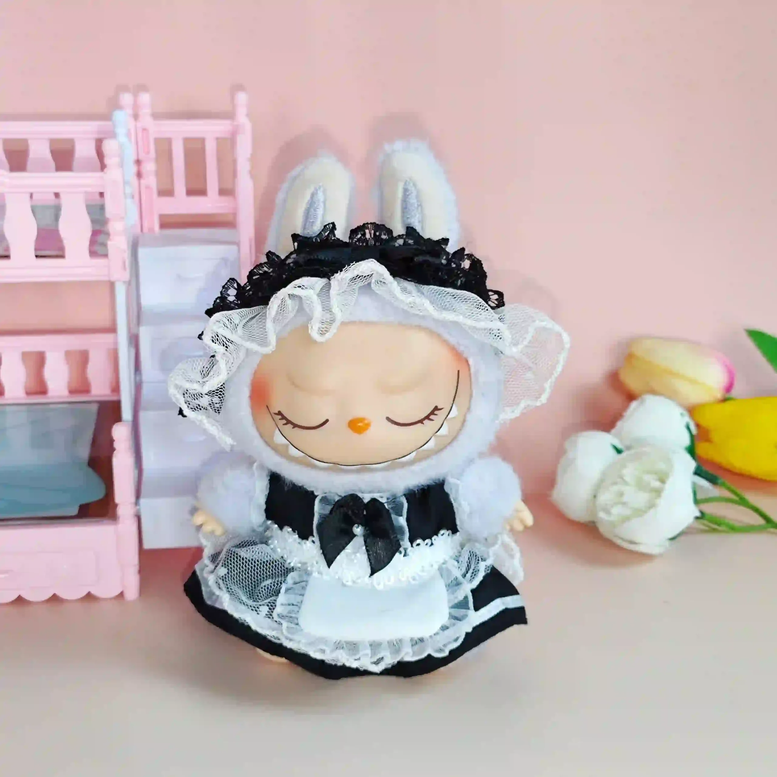 kawaii 17cm Labubu doll black lace maid dress uniform scaled