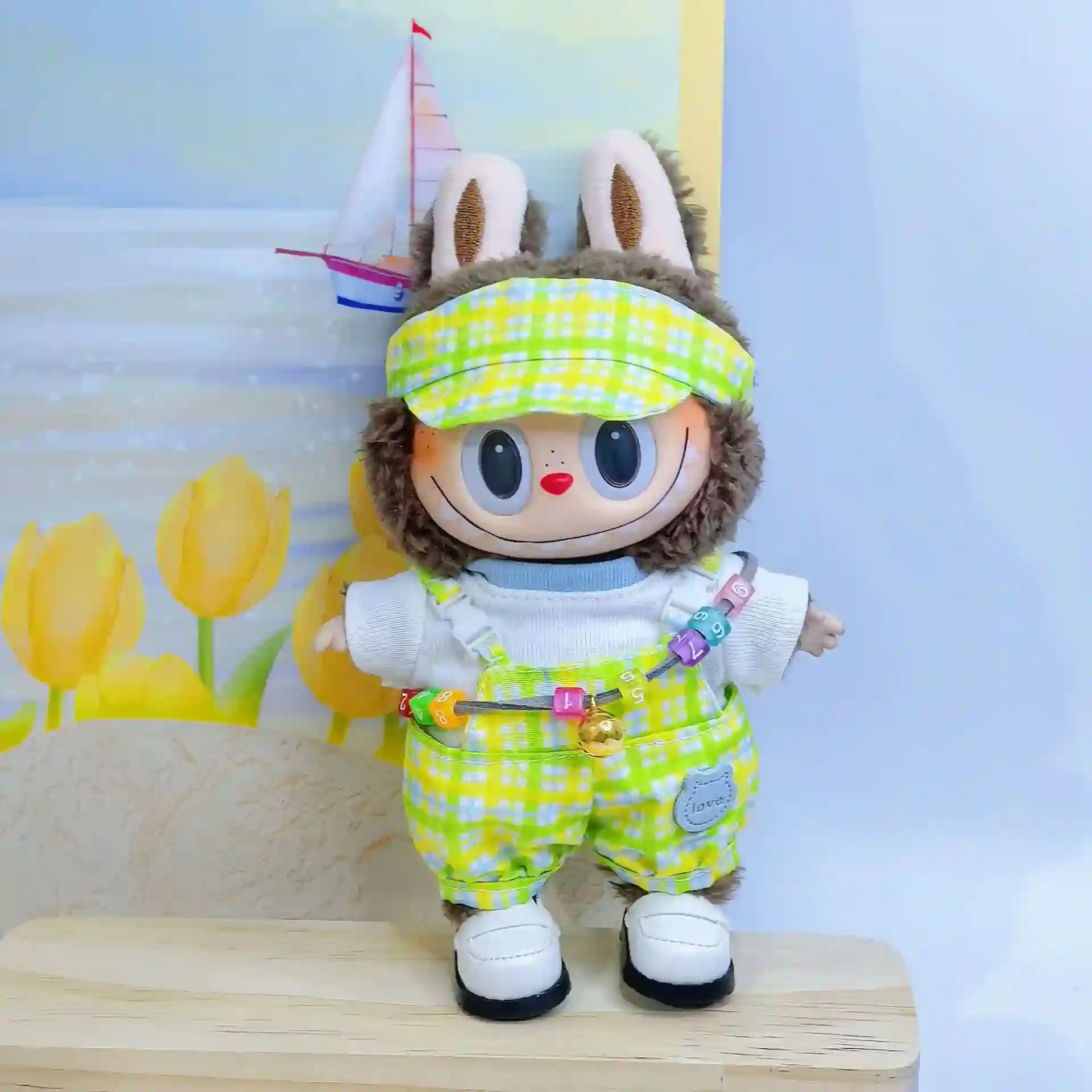 labubu 15cm 17cm doll clothes summer checkered overalls outfit set