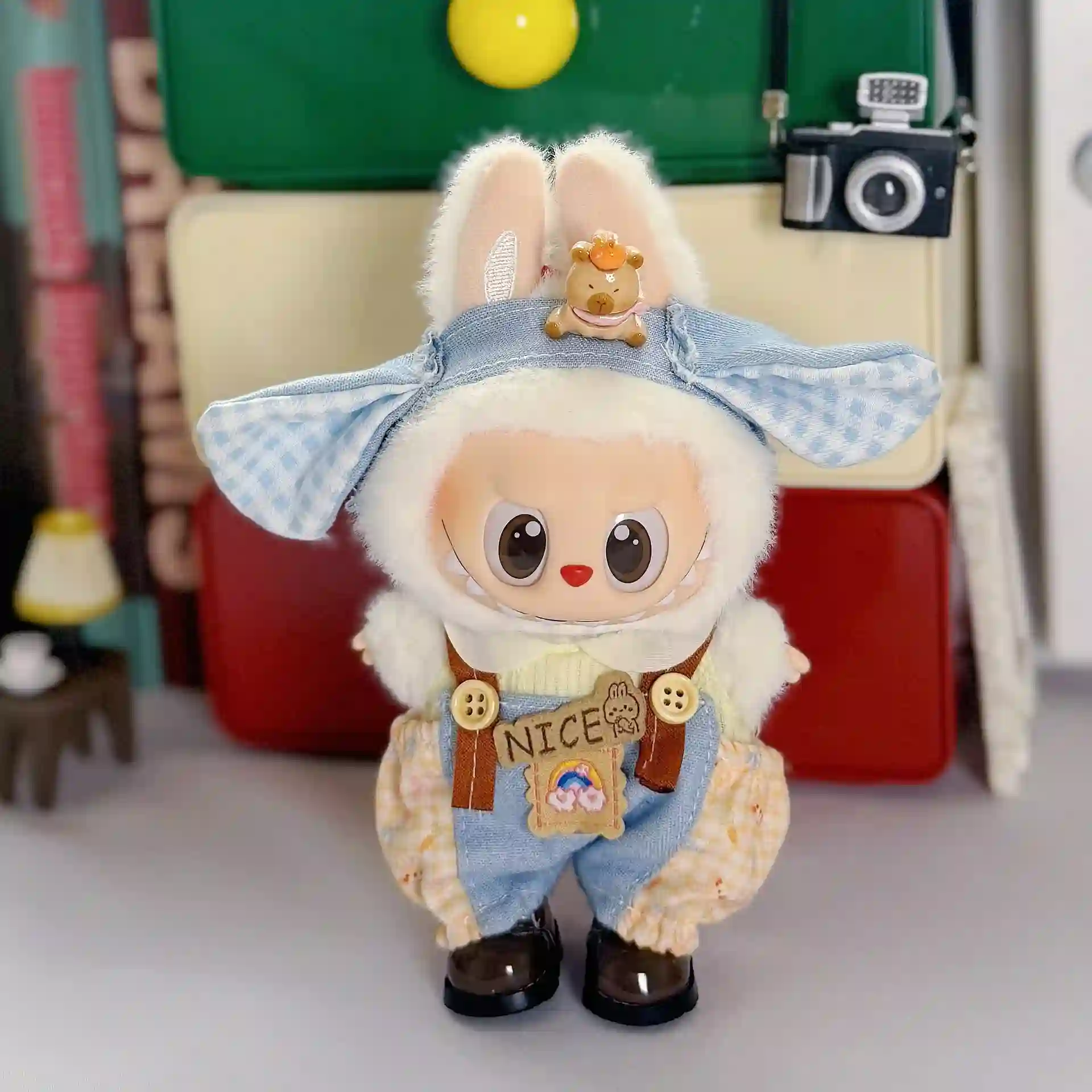 labubu bunny outfit with overalls hood and teddy bear accessory