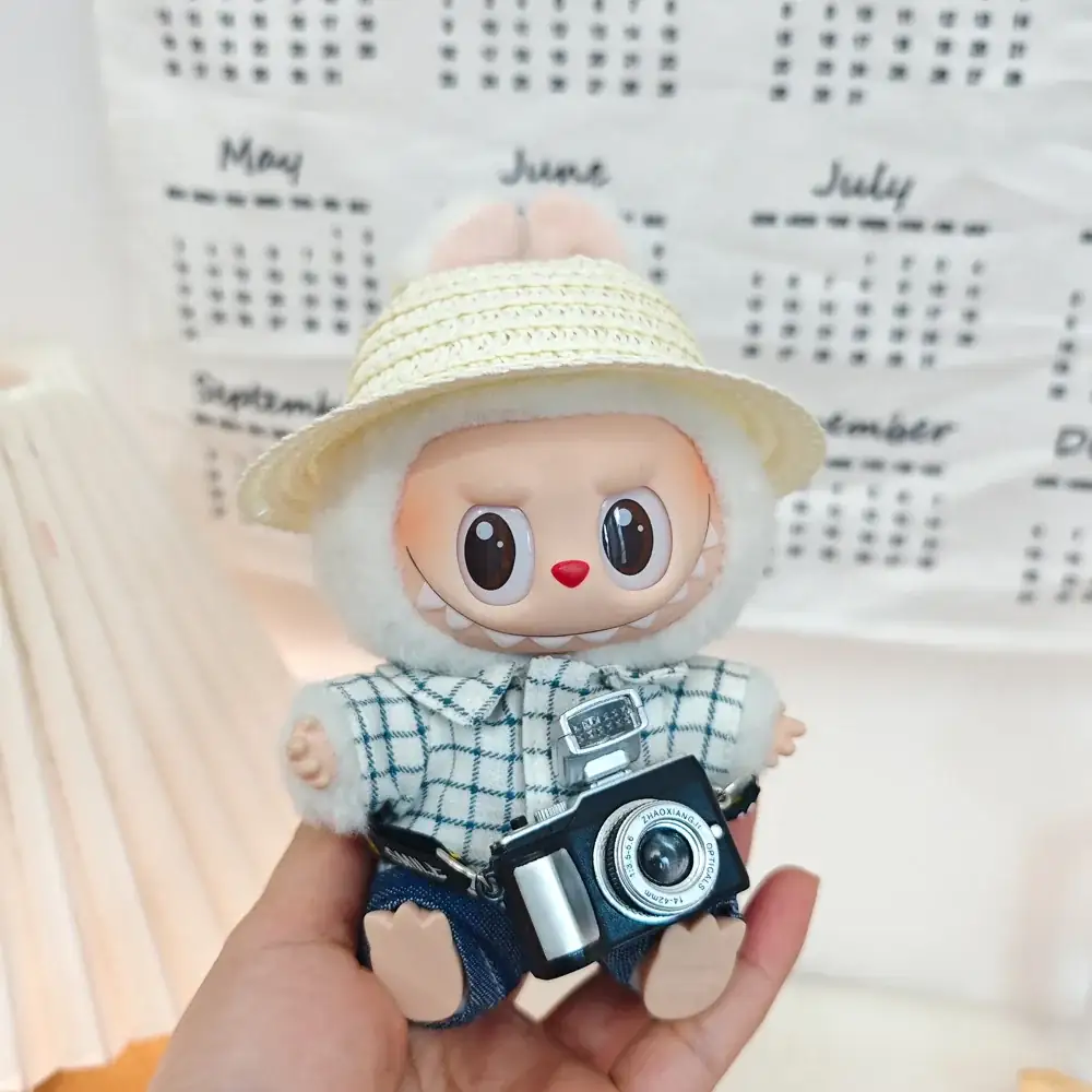 labubu clothing set includes plaid shirt denim shorts straw hat